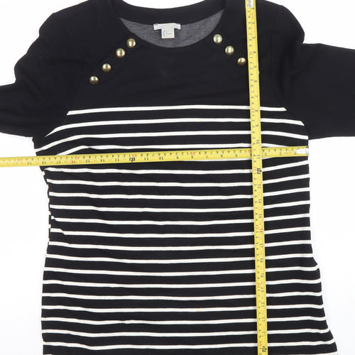 Zara Women Black Striped Button Detail 3/4 Sleeve T-Shirt Size 14