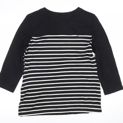 Zara Women Black Striped Button Detail 3/4 Sleeve T-Shirt Size 14