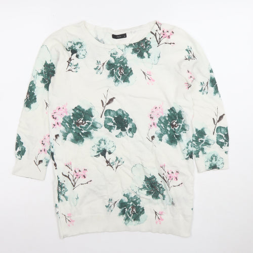 M&Co Women’s White Floral Knit Top Size 10 3/4 Sleeve Crew Neck