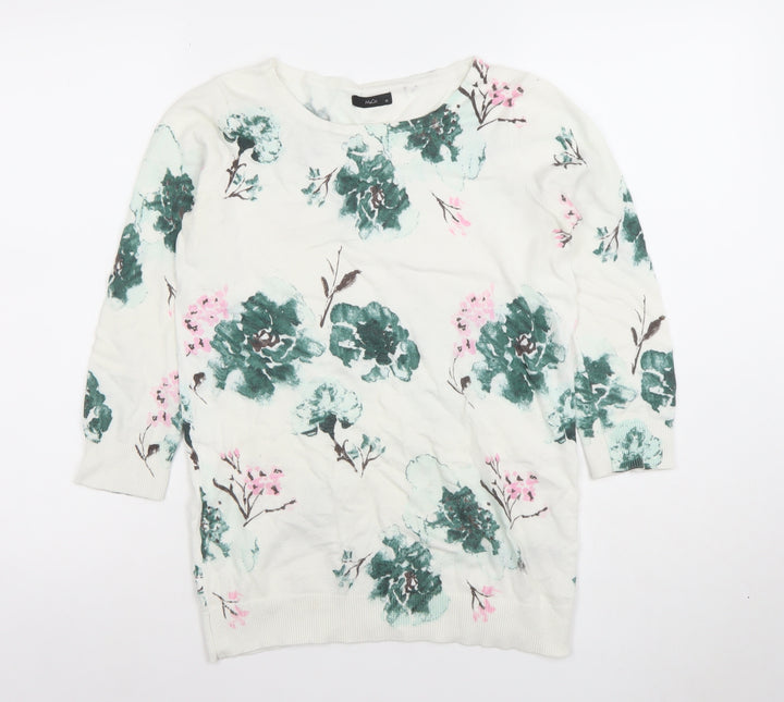 M&Co Women’s White Floral Knit Top Size 10 3/4 Sleeve Crew Neck