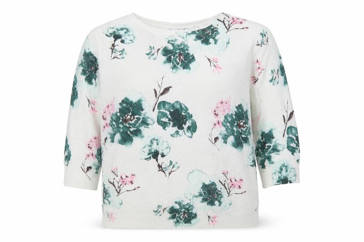 M&Co Women’s White Floral Knit Top Size 10 3/4 Sleeve Crew Neck
