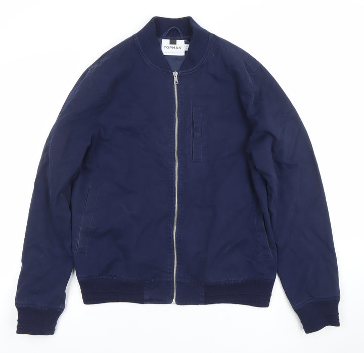 Topman Men's Blue Cotton Bomber Jacket Size M Regular Fit Casual Zip