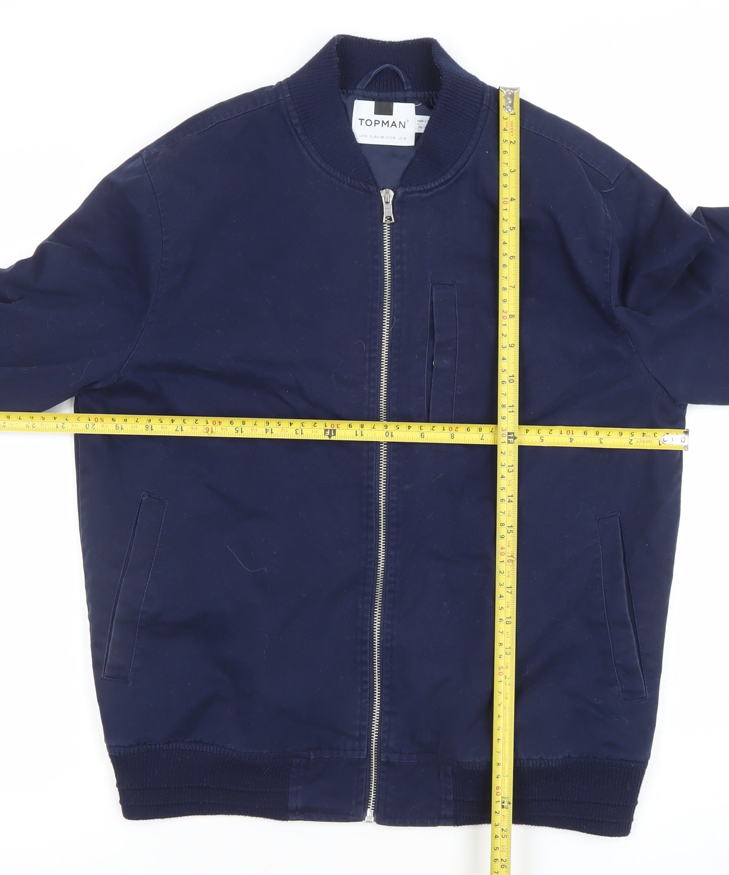 Topman Men's Blue Cotton Bomber Jacket Size M Regular Fit Casual Zip