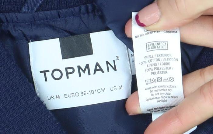 Topman Men's Blue Cotton Bomber Jacket Size M Regular Fit Casual Zip