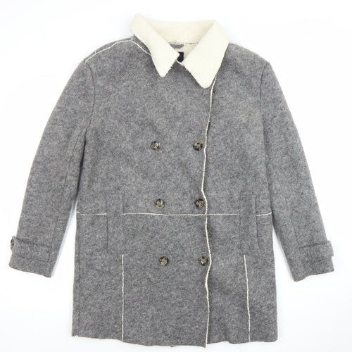 Zara Women Grey Wool Blend Pea Coat M Double-Breasted Classic Style