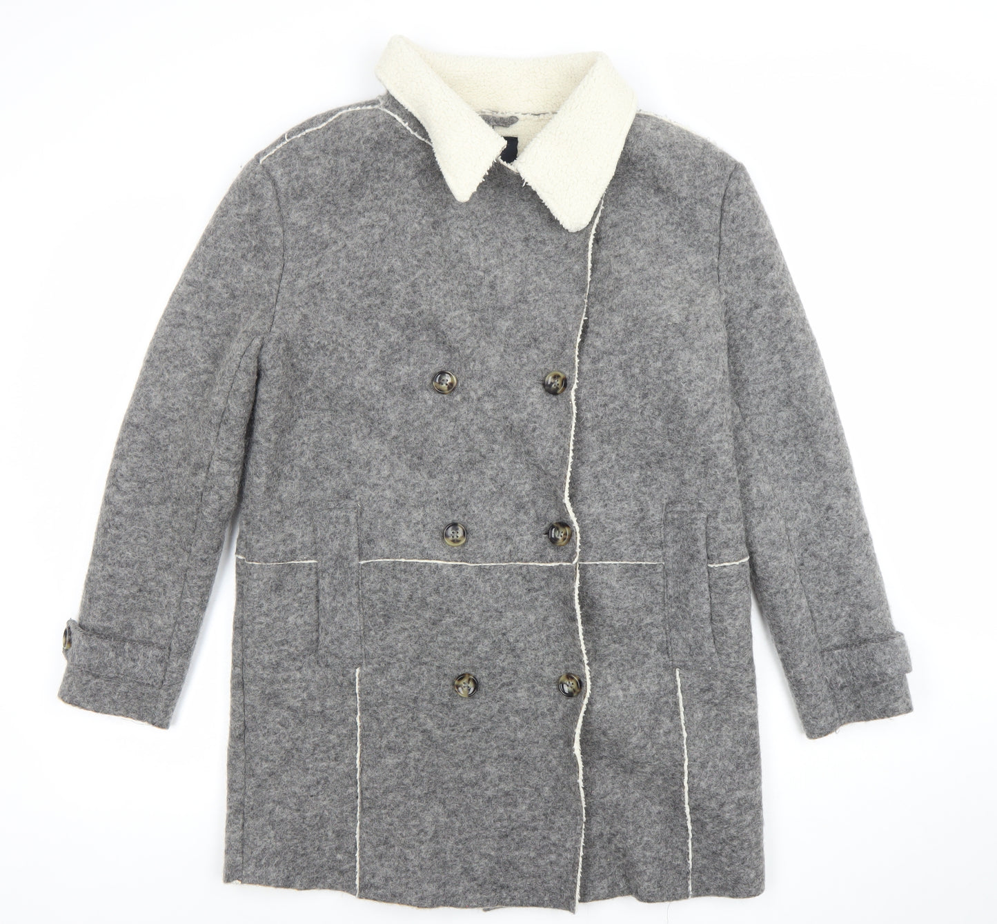 Zara Women Grey Wool Blend Pea Coat M Double-Breasted Classic Style