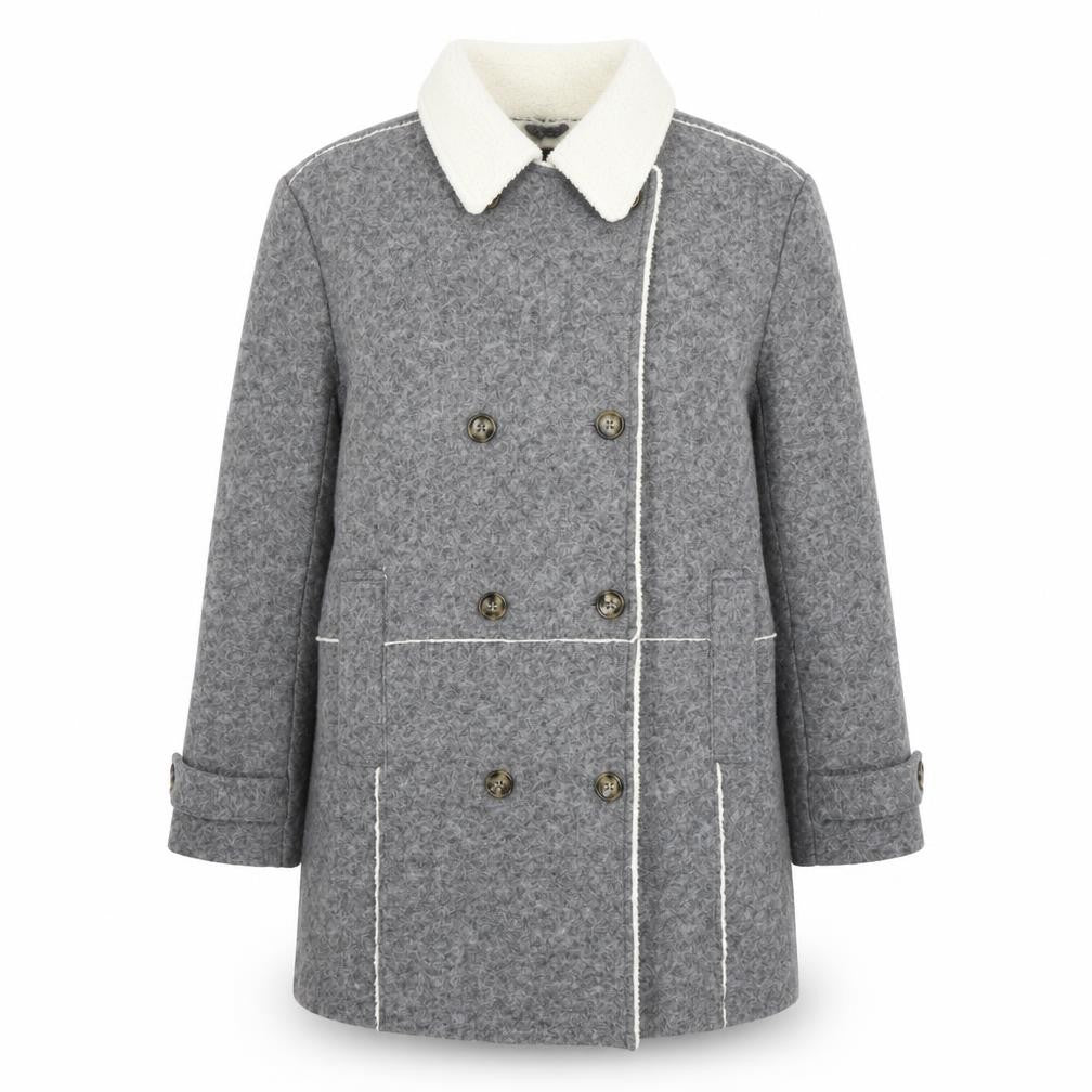 Front view of Zara Women Grey Wool Blend Pea Coat M Double-Breasted Classic Style