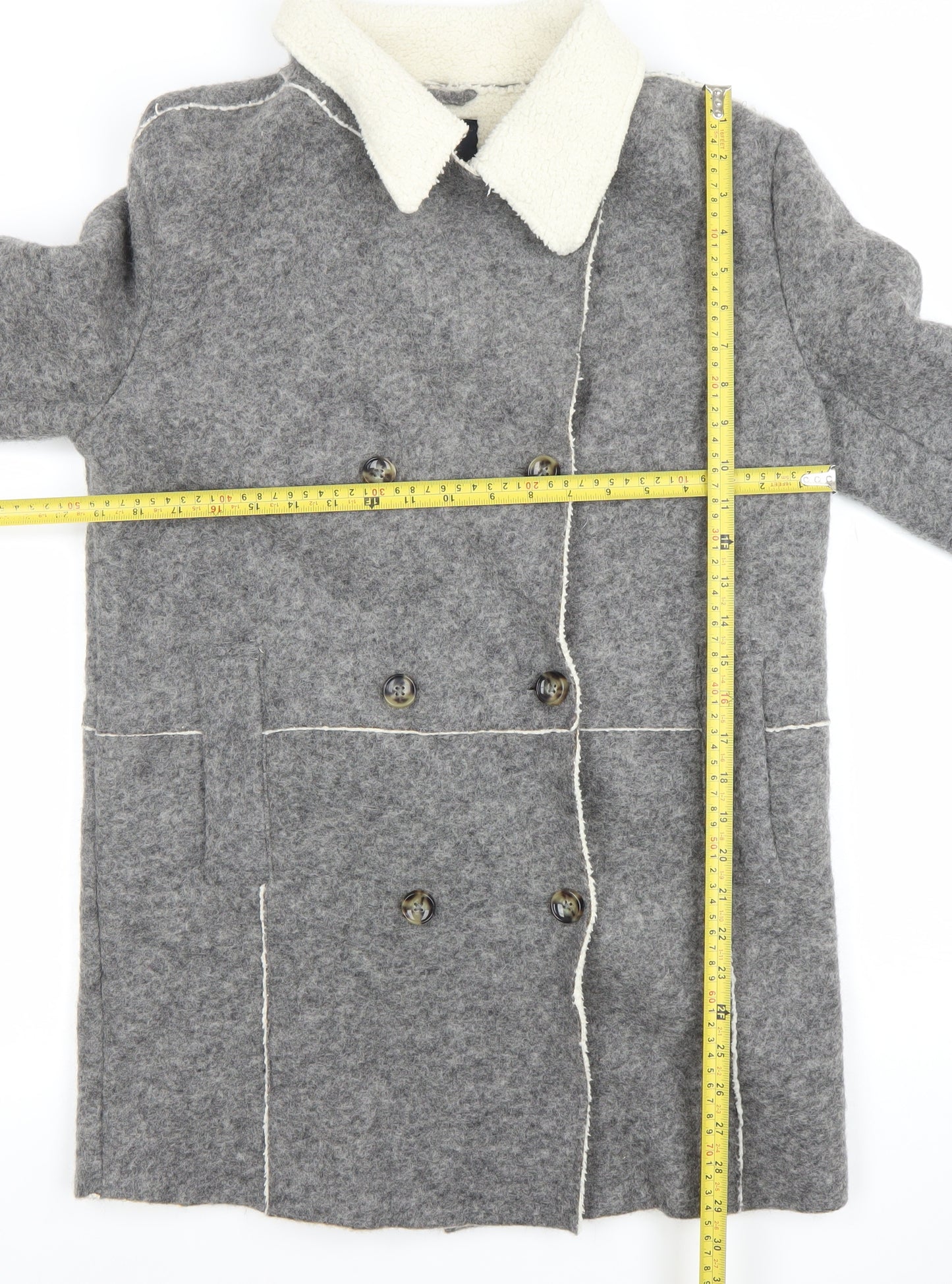 Zara Women Grey Wool Blend Pea Coat M Double-Breasted Classic Style