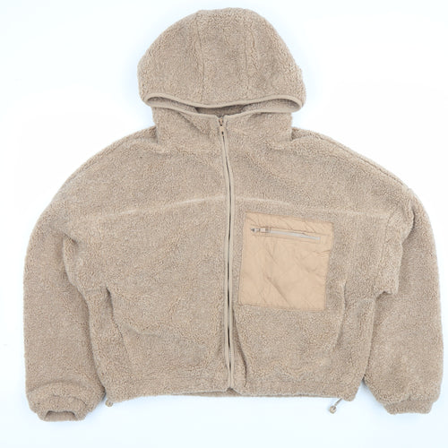 Primark Women Beige Hooded Fleece Puffer Jacket Size S 10/12