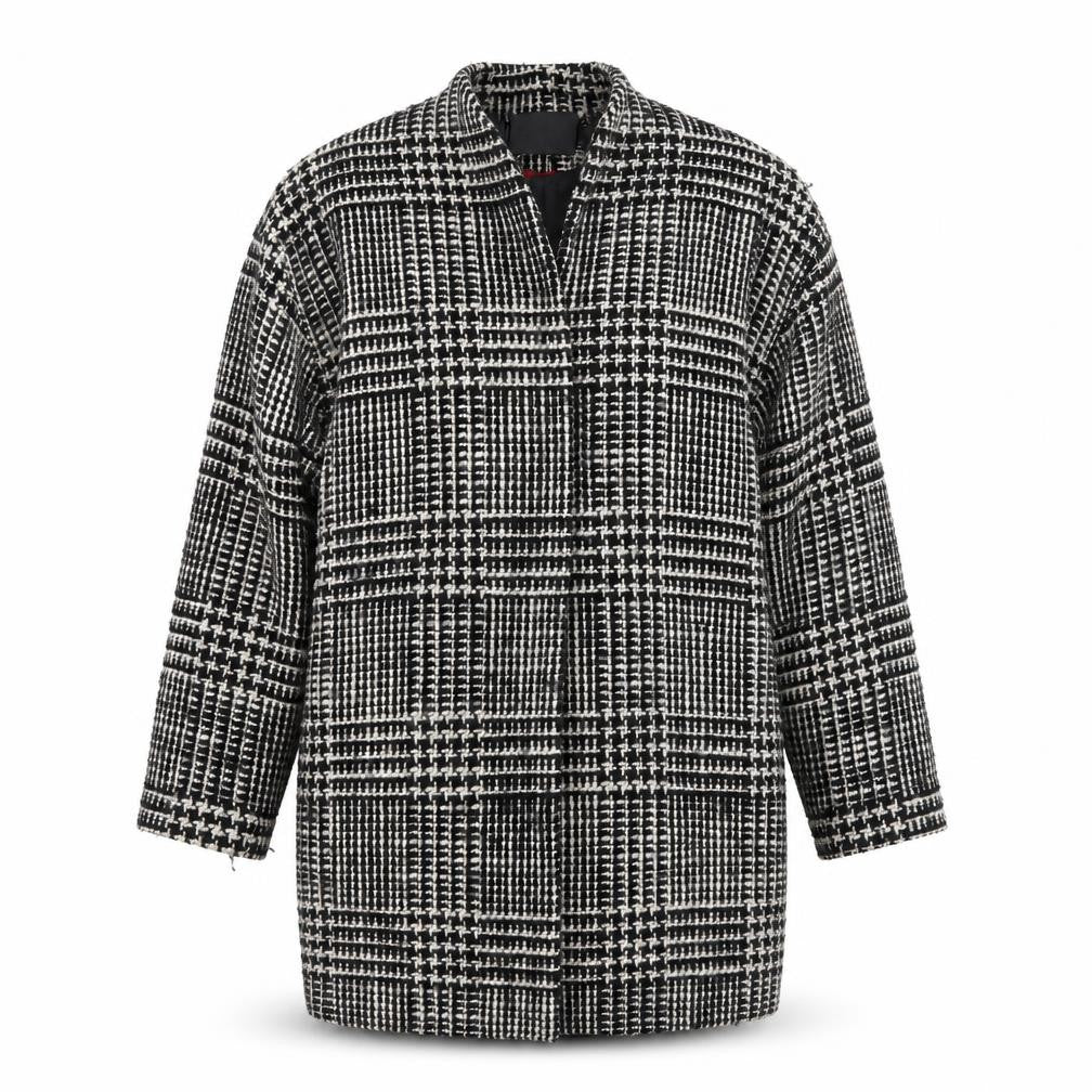 Front view of Zoe Jordan women’s black check wool blend mid-length overcoat m