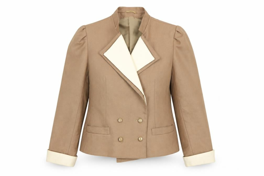 Front view of Our Premier Collection Women's Beige Wool Double-Breasted Blazer, size 14
