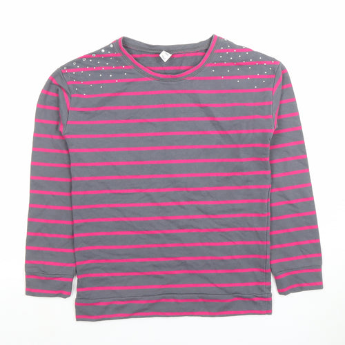 Old Navy Women’s Grey & Pink Striped Rhinestone Long Sleeve Cotton Blend T-Shirt - Size L