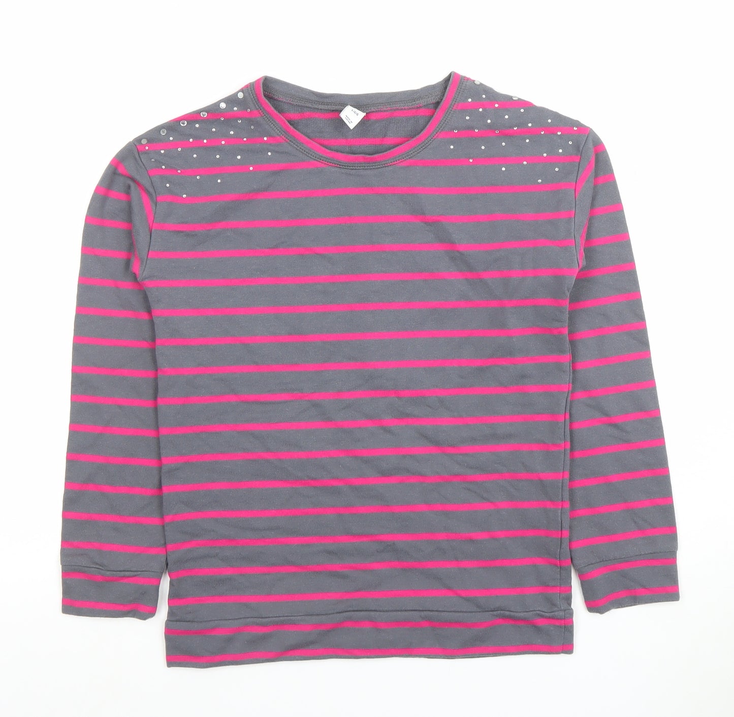 Old Navy Women’s Grey & Pink Striped Rhinestone Long Sleeve Cotton Blend T-Shirt - Size L