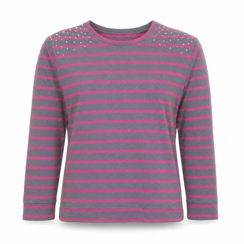 Old Navy Women’s Grey & Pink Striped Rhinestone Long Sleeve Cotton Blend T-Shirt - Size L