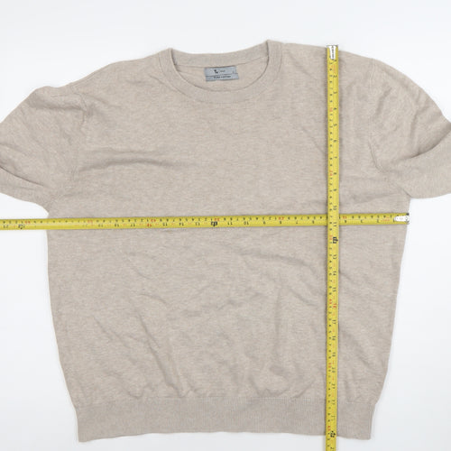 Tu Men Beige Cotton Crew Neck Long Sleeve Pullover Jumper Size L