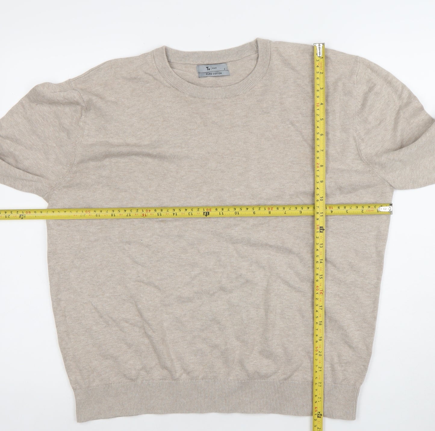 Tu Men Beige Cotton Crew Neck Long Sleeve Pullover Jumper Size L