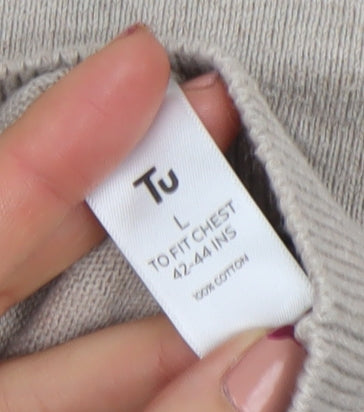 Tu Men Beige Cotton Crew Neck Long Sleeve Pullover Jumper Size L