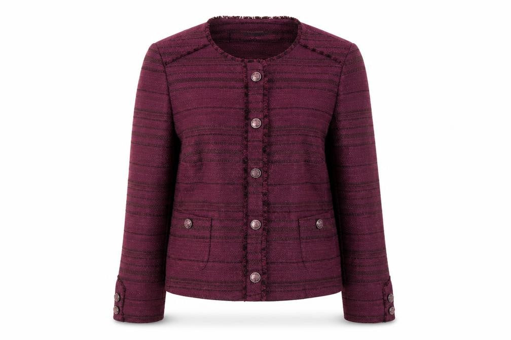 Front view of Bianca Women’s Purple Striped Lined Single-Breasted Blazer, size UK 14