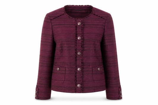 Front view of Bianca Women’s Purple Striped Lined Single-Breasted Blazer, size UK 14