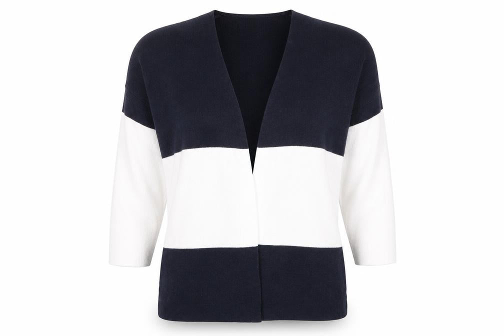 Front view of Wallis women’s navy white striped v-neck cardigan, size S
