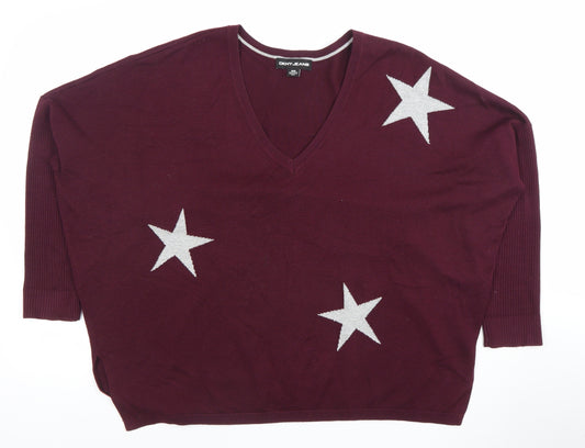 DKNY Jeans Womens Burgundy V-Neck Star Knit Jumper Size M