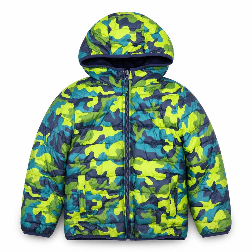 Front view of Lands' End boys’ multicoloured camouflage hooded puffer jacket 6-7 years