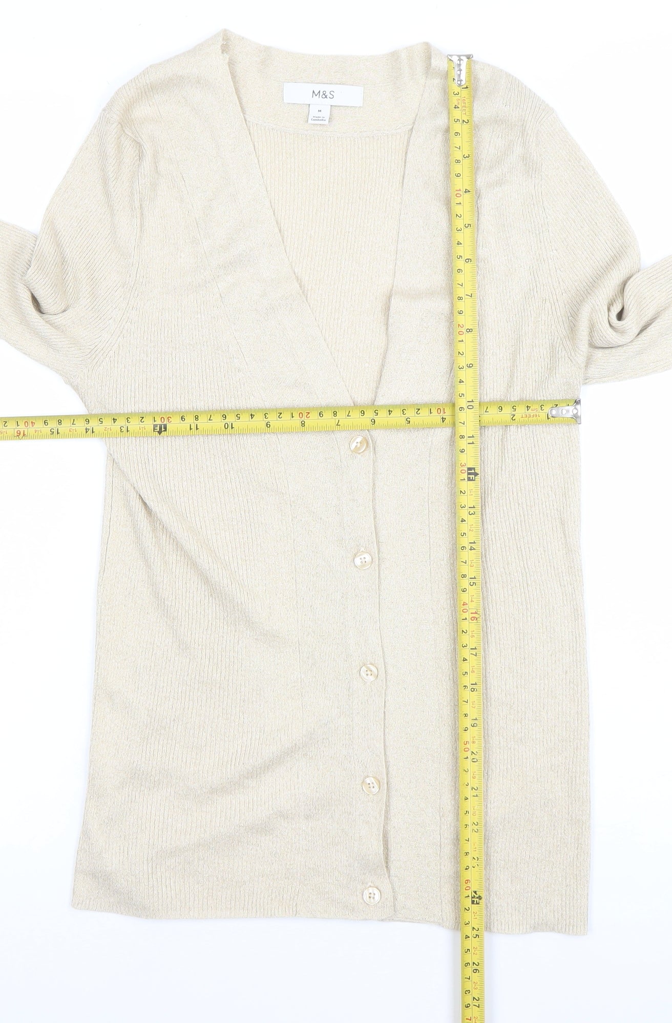 Marks and Spencer Women Beige Metallic Knit Cardigan Medium