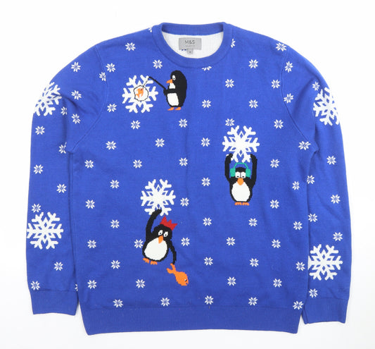 Marks and Spencer Men's Blue Penguin Christmas Jumper M