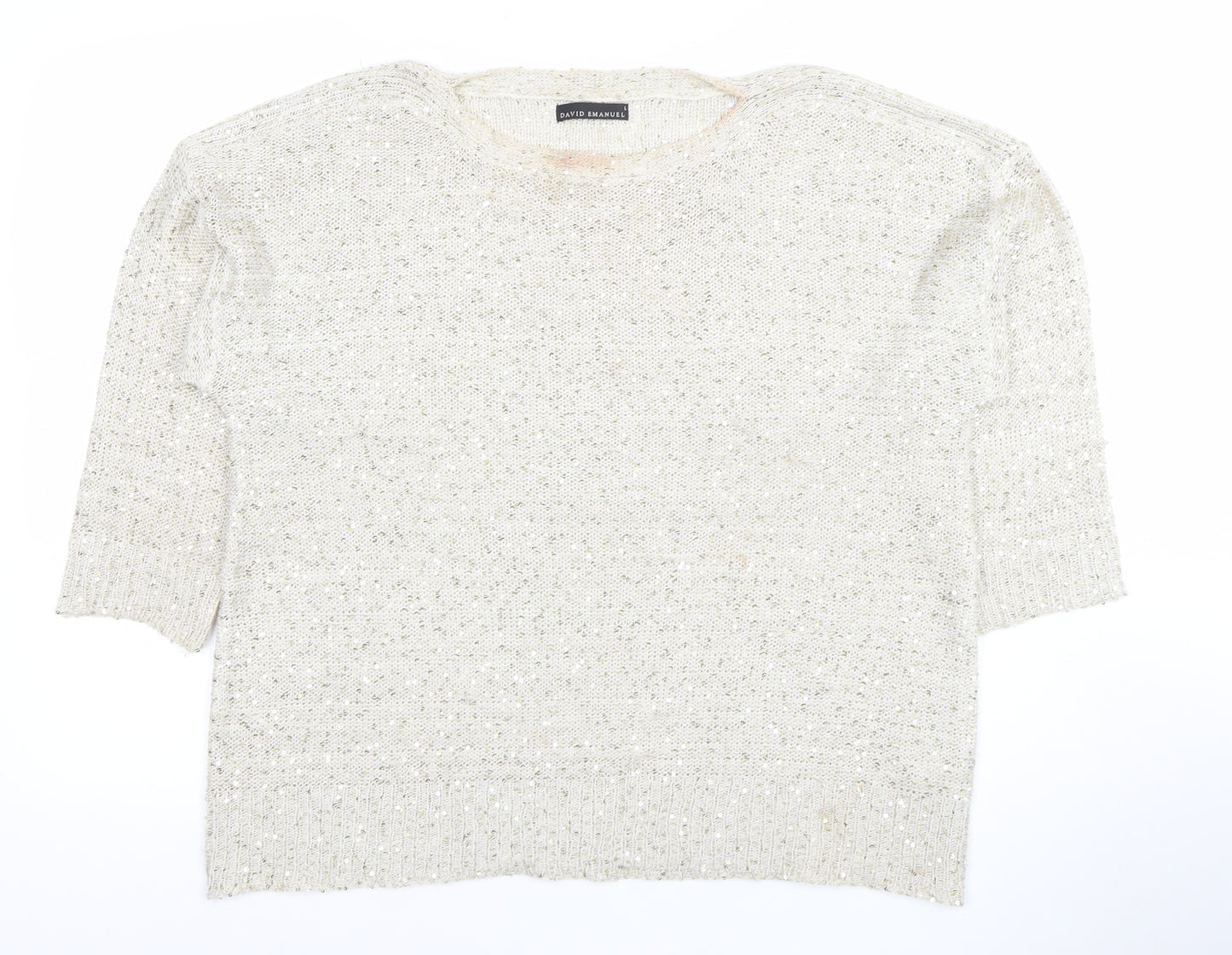David Emanuel Womens Ivory Sequin Knit Pullover Jumper Size L