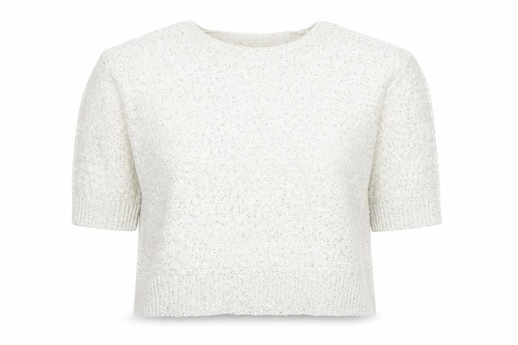 Front view of David Emanuel women’s ivory sequin knit jumper, size L
