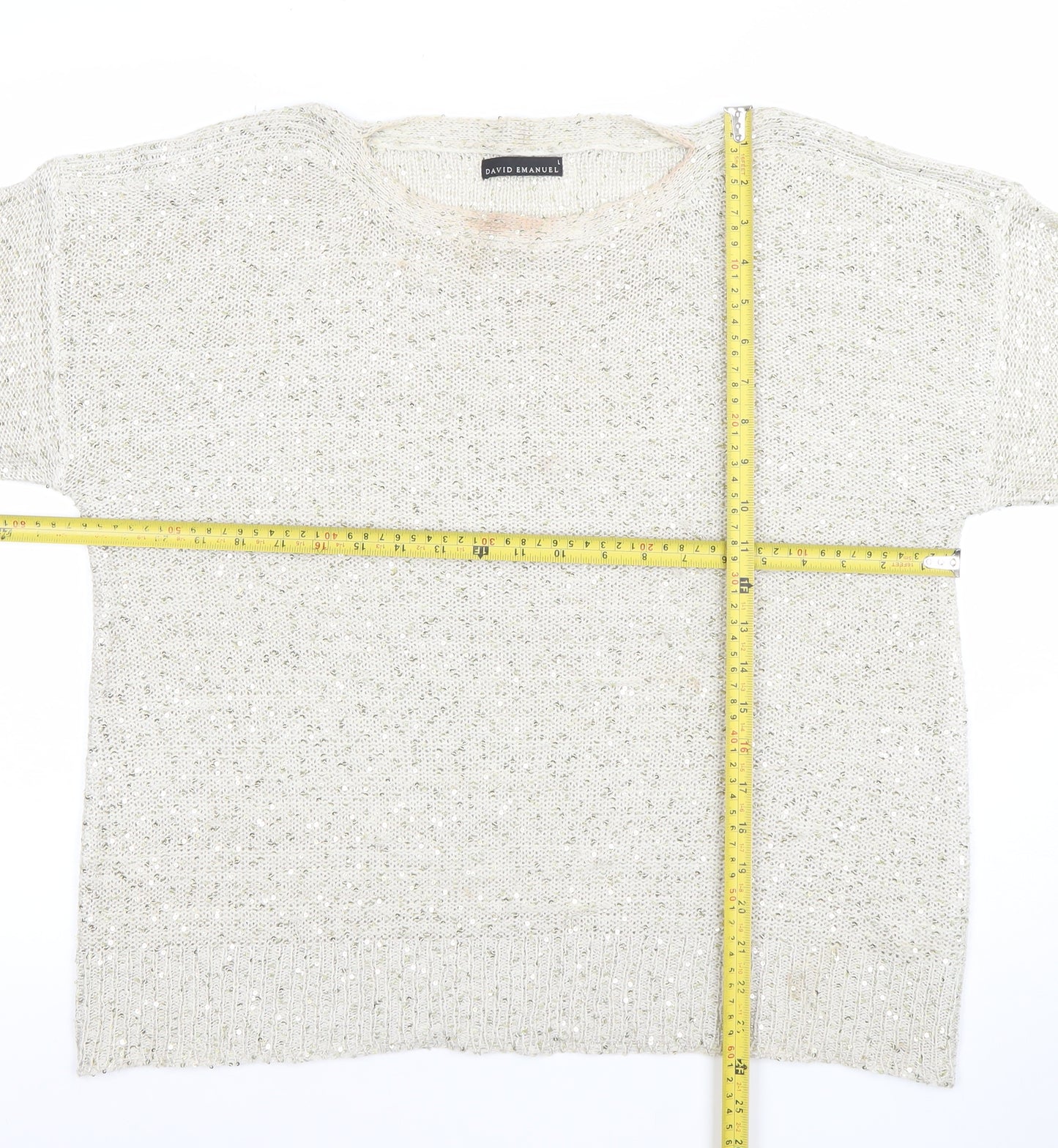 David Emanuel Womens Ivory Sequin Knit Pullover Jumper Size L
