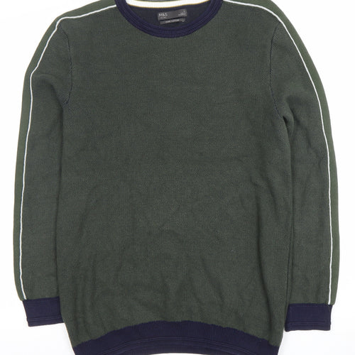 Marks and Spencer Men's Green Cotton Crew Neck Jumper Size L