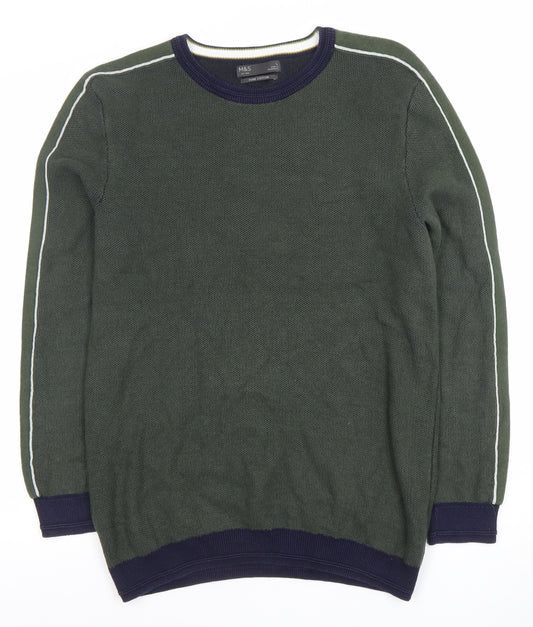 Marks and Spencer Men's Green Cotton Crew Neck Jumper Size L