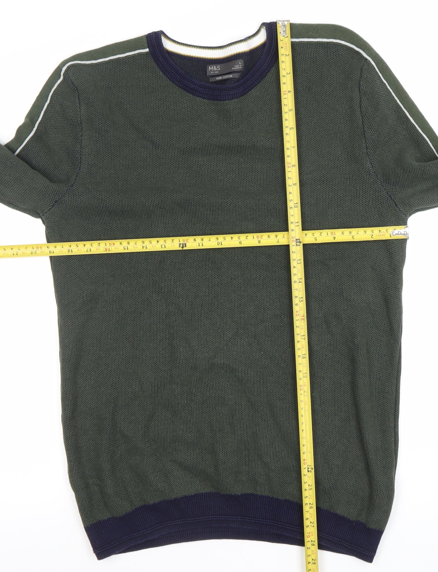 Marks and Spencer Men's Green Cotton Crew Neck Jumper Size L