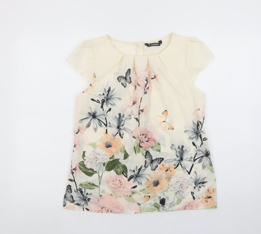 Dunnes Women's Ivory Floral Butterfly Short Sleeve Polyester Blouse Size 12