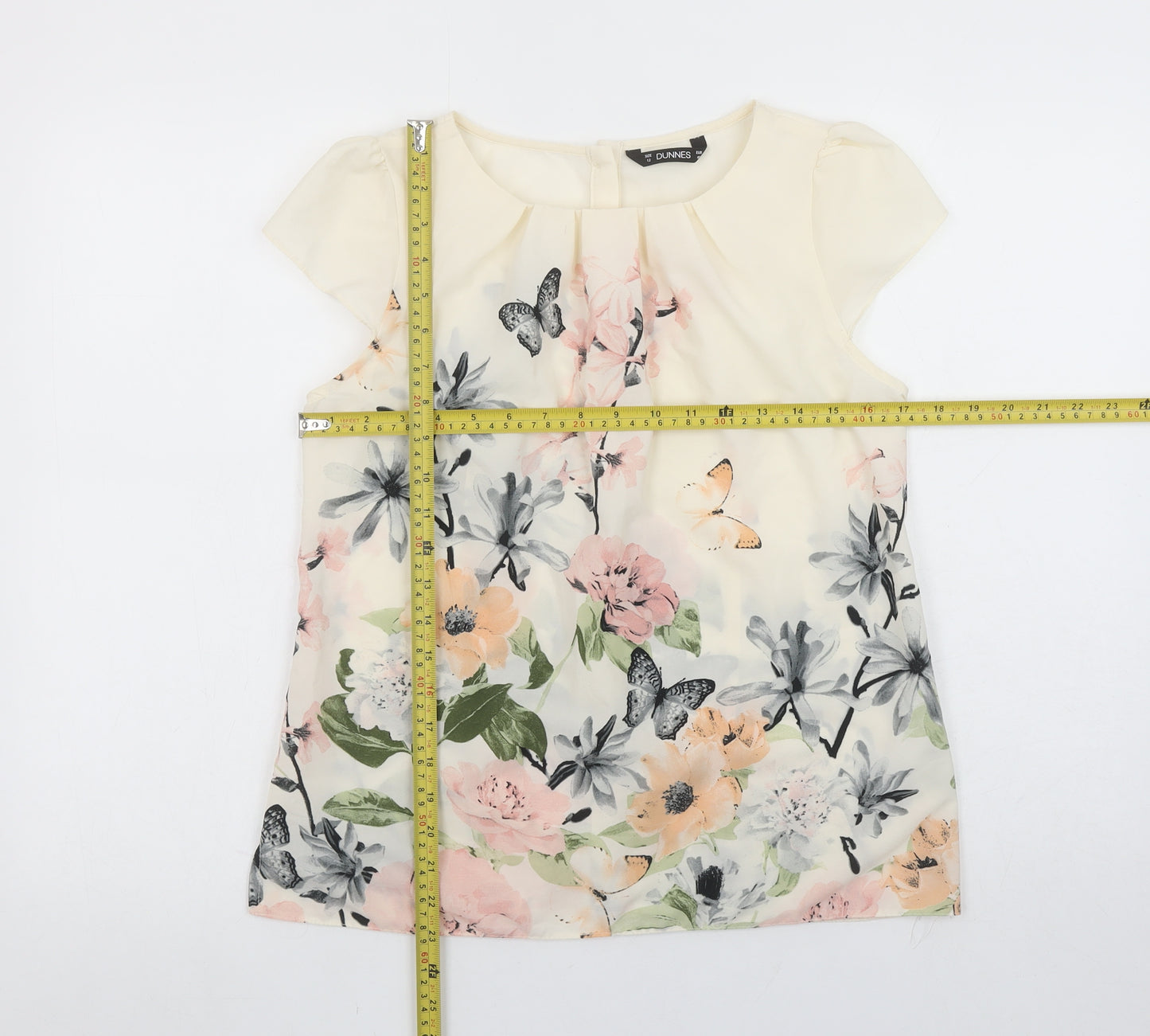 Dunnes Women's Ivory Floral Butterfly Short Sleeve Polyester Blouse Size 12