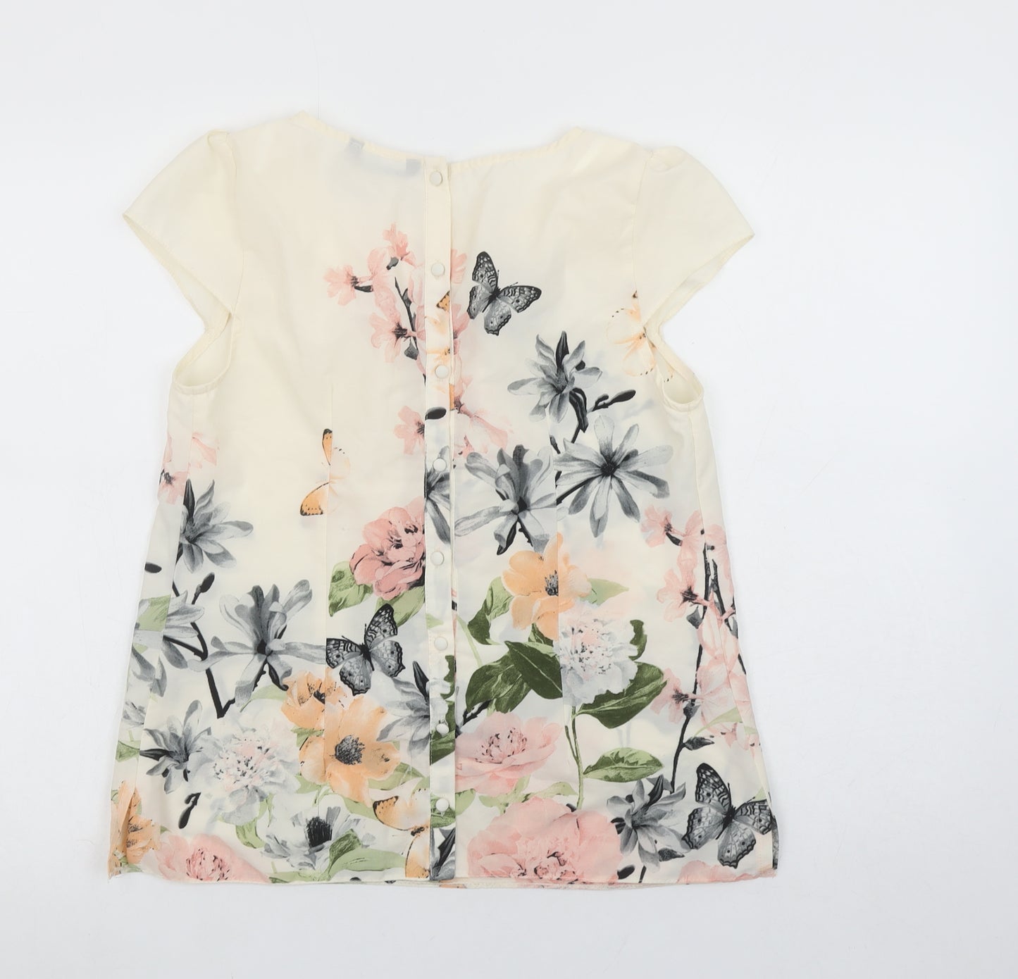 Dunnes Women's Ivory Floral Butterfly Short Sleeve Polyester Blouse Size 12