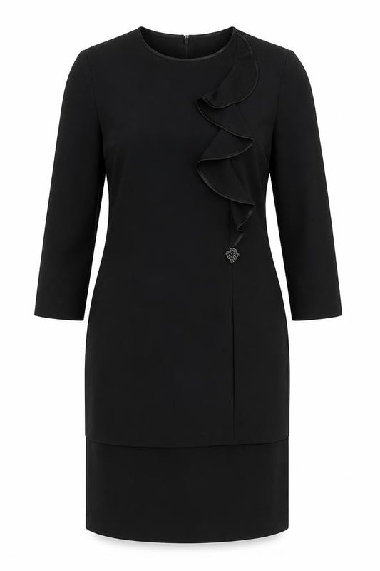 Front view of Kasper Women Black Sheath Knee Length Ruffle Dress, size 12