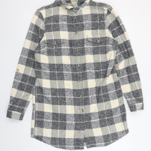 Sosandar Womens Grey Check Cotton Shirt Dress Size 10 Long Sleeve