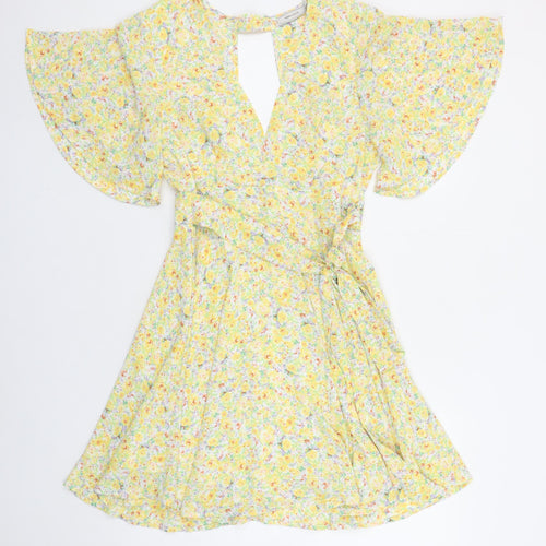 Vera & Lucy Women's Yellow Floral Wrap Short Dress Size S
