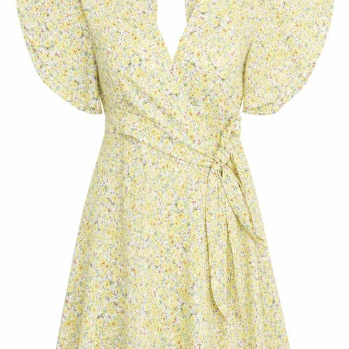 Vera & Lucy Women's Yellow Floral Wrap Short Dress Size S