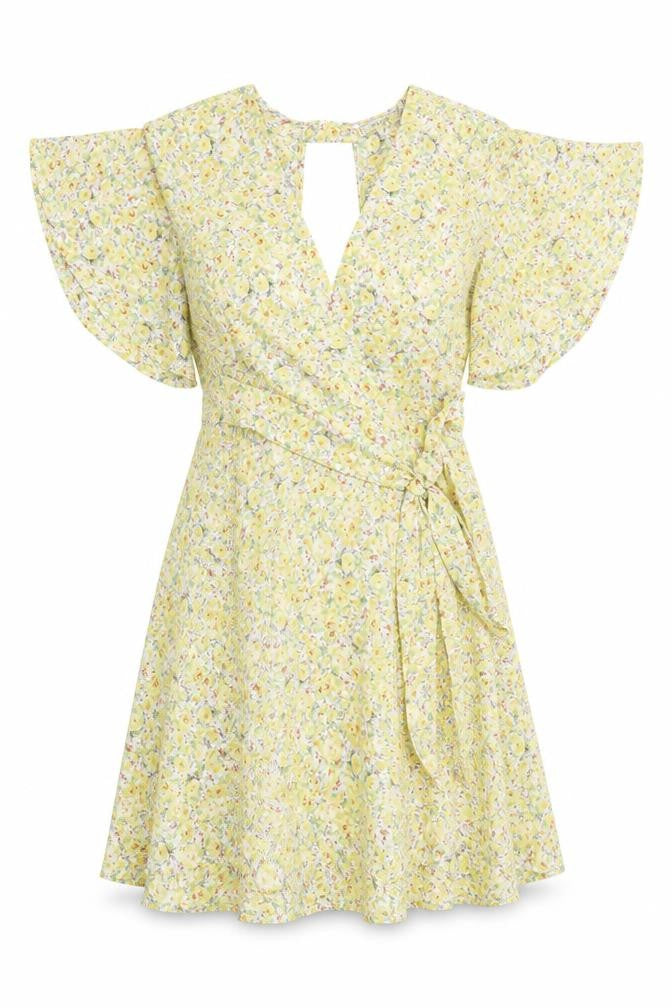 Vera & Lucy Women's Yellow Floral Wrap Short Dress Size S