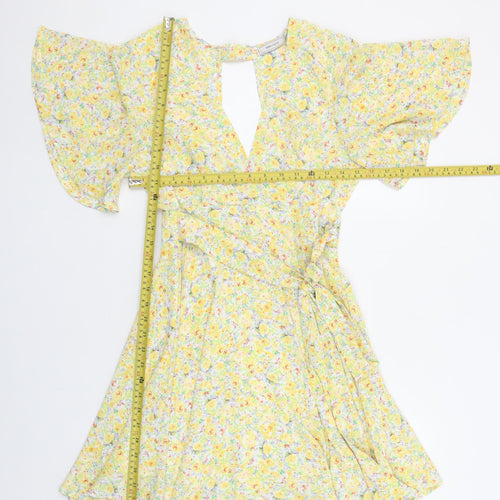 Vera & Lucy Women's Yellow Floral Wrap Short Dress Size S