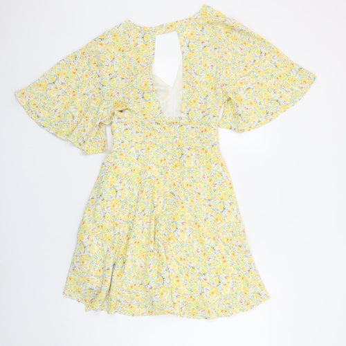 Vera & Lucy Women's Yellow Floral Wrap Short Dress Size S