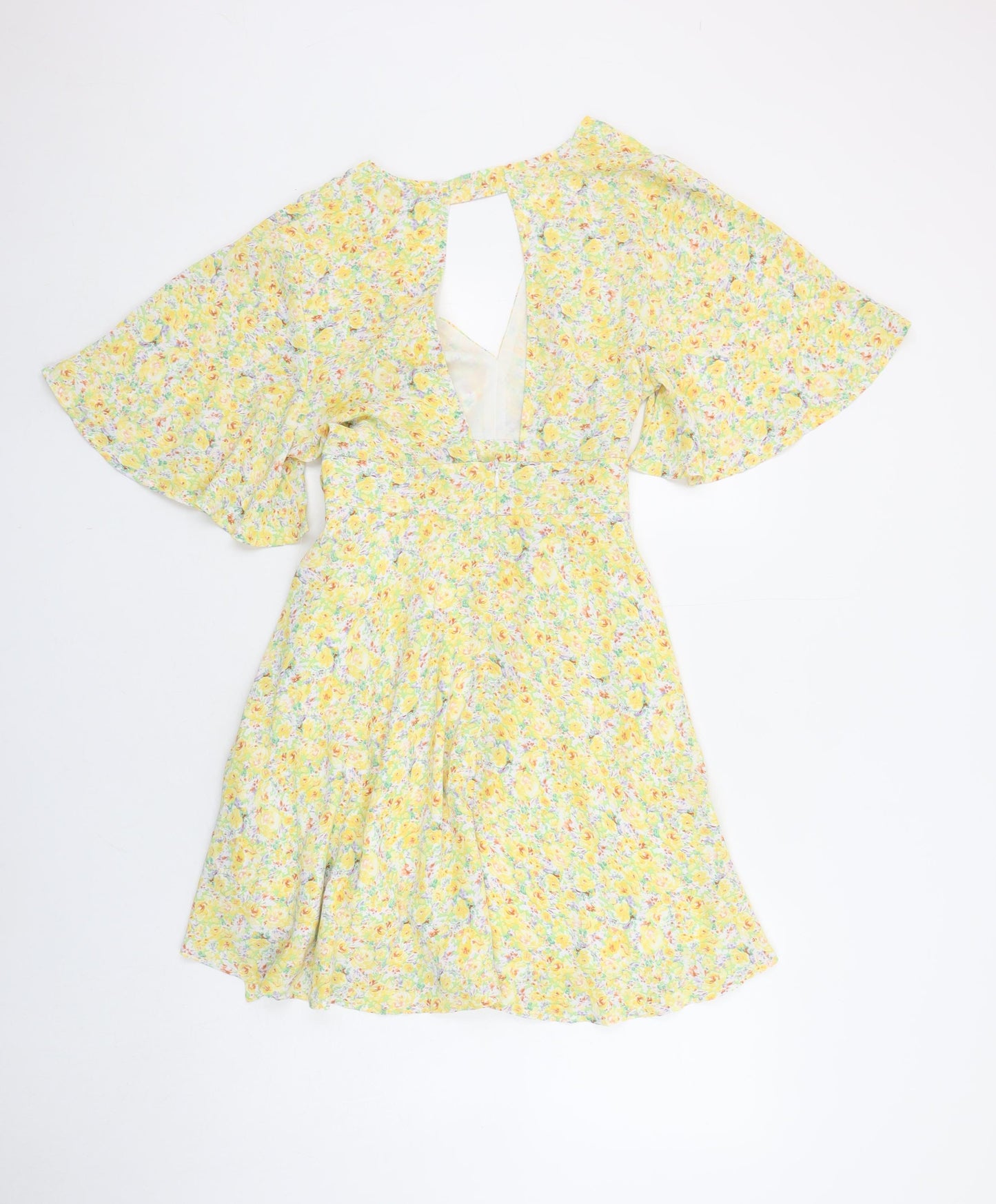 Vera & Lucy Women's Yellow Floral Wrap Short Dress Size S