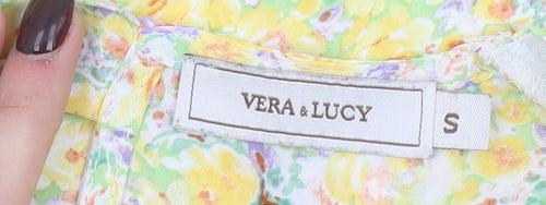 Vera & Lucy Women's Yellow Floral Wrap Short Dress Size S