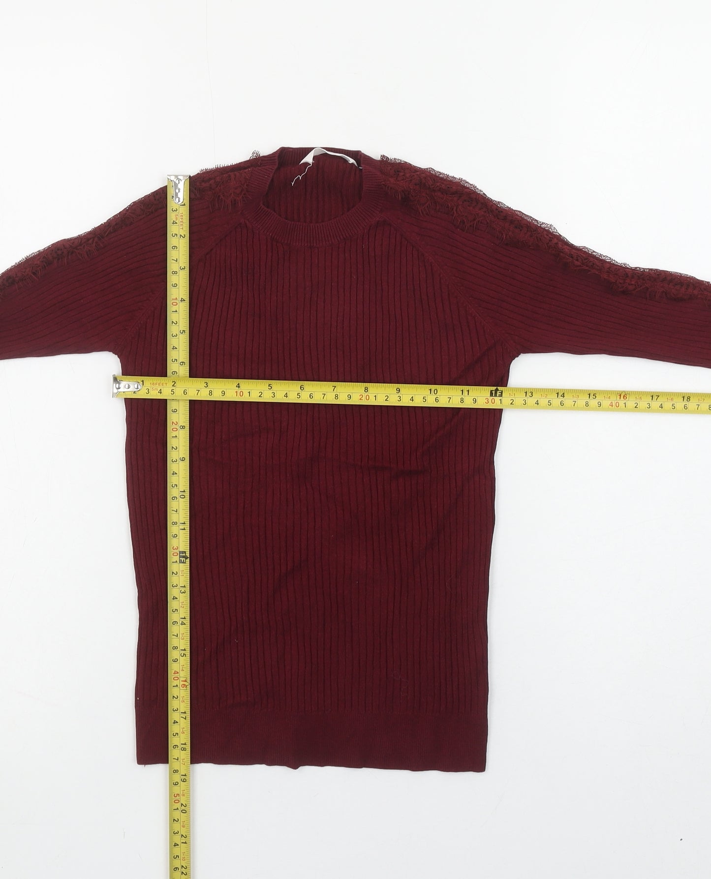 Matalan Girls Red Ribbed Lace Long Sleeve Pullover Top 12 Years