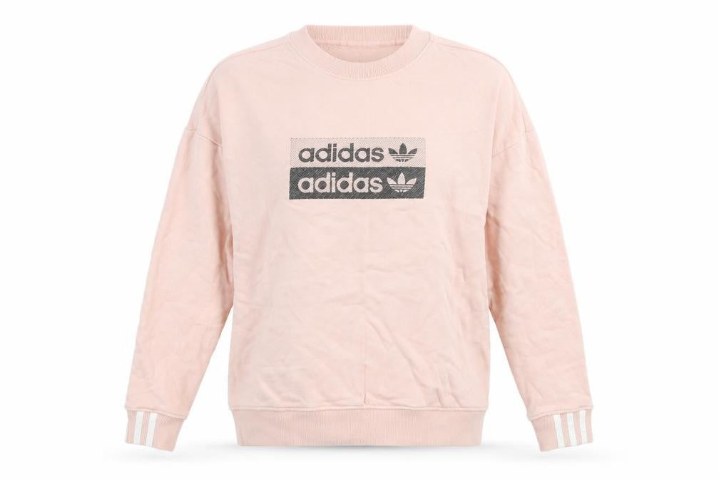 Front view of Adidas women’s pink crew neck pullover sweatshirt, size UK 14, cotton
