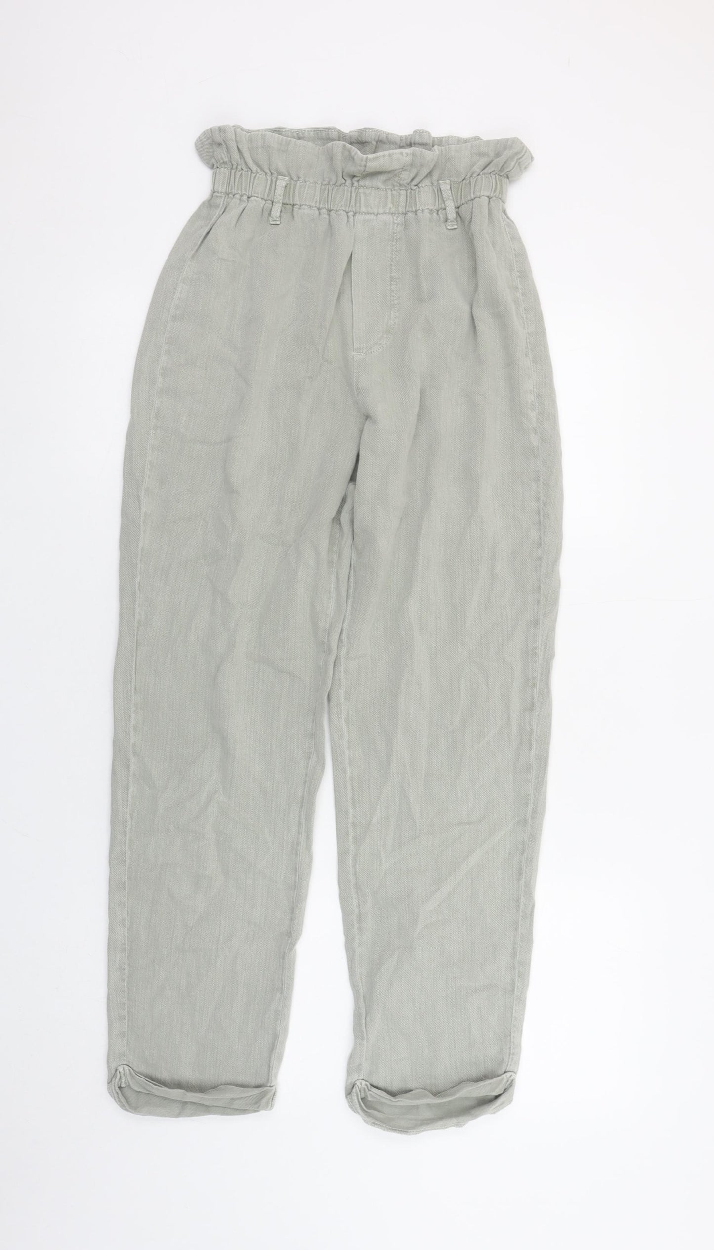 ZARA Womens Grey Paperbag Linen Trousers Size 6 Relaxed Fit