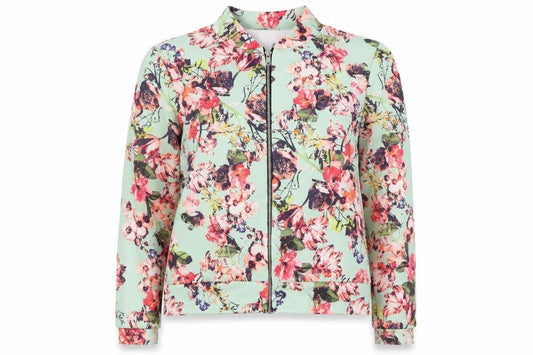 Front view of Boohoo women’s multicoloured floral bomber zip blouse, size UK 12